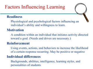 Factors Influencing Learning
Readiness
Physiological and psychological factors influencing an
individual’s ability and willingness to learn.
Motivation
A condition within an individual that initiates activity directed
toward a goal. (Needs and drives are necessary.)
Reinforcement
Using events, actions, and behaviors to increase the likelihood
of a certain response recurring. May be positive or negative
Individual differences
Backgrounds, abilities, intelligence, learning styles, and
personalities of students
 