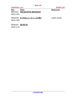 Math 4H
PERIODS: 3,4,9 ROOM: 429
Day Topic Homework    
MI41(41) SOCRATIVE MONDAY!
2016.1107
WI42(42) 9.3    Does    x    ...