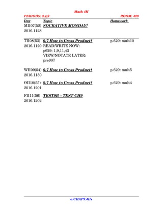 Math 4H
PERIODS: 3,4,9 ROOM: 429
Day Topic Homework    
MII07(52) SOCRATIVE MONDAY!
2016.1128
TII08(53) 9.7    How to    Cross      Product? p.629: mult10
2016.1129 READ/WRITE NOW:
p629: 1,9,11,43
VIEW/NOTATE LATER:
pre907
WII09(54) 9.7    How to    Cross      Product? p.629: mult5
2016.1130
ӨII10(55) 9.7    How to    Cross      Product? p.629: mult4
2016.1201
FII11(56) TEST9B    –    TEST      CH9
2016.1202
a:CHAP9.4Hs
 
