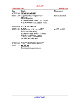 Math 4H
PERIODS: 3,4,9 ROOM: 429
Day Topic Homework
MII06(50) MCQ MONDAY!
2017.1120 Algebra II & Trig Review Finish Packet
MCQ Practice
READ/WRITE NOW:  Q11­Q20
VIEW/NOTATE LATER: None
TII07(51) SAGE TUESDAY
2017.1121 9.3    Does    x     +     yi      =     r     cis( )?θ p.593: mult5
Individuals Coding
READ/WRITE NOW: p593 #5
VIEW/NOTATE LATER:
SCREENCAST 903
WII08(52) YOUTUBE WEDNESDAY
2017.1122 QUIZ 9A
Summative Assessment
a:CHAP9.4Hs
 