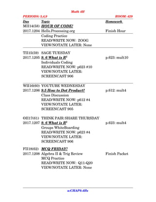 Math 4H
PERIODS: 3,4,9 ROOM: 429
Day Topic Homework
MII14(58) HOUR OF CODE   !
2017.1204 Hello.Processing.org Finish Hour
Coding Practice
READ/WRITE NOW:  ZOOG
VIEW/NOTATE LATER: None
TII15(59) SAGE TUESDAY
2017.1205 9. 6    What is R   3
p.623: mult10
Individuals Coding
READ/WRITE NOW: p623 #10
VIEW/NOTATE LATER:
SCREENCAST 906
WII16(60) YOUTUBE WEDNESDAY
2017.1206 9.5    How to    Dot      Product? p.612: mult4
Class Discussion
READ/WRITE NOW: p612 #4
VIEW/NOTATE LATER:
SCREENCAST 905
ӨII17(61) THINK PAIR SHARE THURSDAY
2017.1207 9. 6    What is R   3
p.623: mult4
Groups WhiteBoarding
READ/WRITE NOW: p623 #4
VIEW/NOTATE LATER:
SCREENCAST 906
FII18(62) MCQ FRIDAY!
2017.1208 Algebra II & Trig Review Finish Packet
MCQ Practice
READ/WRITE NOW:  Q11­Q20
VIEW/NOTATE LATER: None
a:CHAP9.4Hs
 
