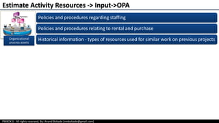 PMBOK 6 - All rights reserved; By: Anand Bobade (nmbobade@gmail.com)
Organizational
process assets
Policies and procedures regarding staffing
Policies and procedures relating to rental and purchase
Historical information - types of resources used for similar work on previous projects
Estimate Activity Resources -> Input->OPA
 