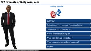 PMBOK 6 - All rights reserved; By: Anand Bobade (nmbobade@gmail.com)
9.2 Estimate activity resources
Overview
Estimate Activity resource Process definition
Estimate Activity resource: ITTO
Why is Alternative Analysis?
What is Bottom up estimation?
What is resource breakdown structure?
Review
 