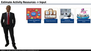 PMBOK 6 - All rights reserved; By: Anand Bobade (nmbobade@gmail.com)
Estimate Activity Resources -> Input
Project Management
Plan
Project documents
Enterprise
environmental factors
Organizational process
assets
 
