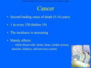 Cancer Second leading cause of death (5-14 years)  1 in every 330 (before 19) The incidence is increasing Mainly effects: white blood cells, brain, bone, lymph system,  muscles, kidneys, and nervous system. 