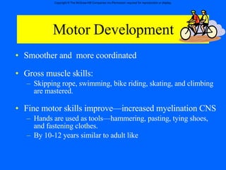 Motor Development Smoother and  more coordinated Gross muscle skills: Skipping rope, swimming, bike riding, skating, and climbing are mastered. Fine motor skills improve—increased myelination CNS Hands are used as tools—hammering, pasting, tying shoes, and fastening clothes. By 10-12 years similar to adult like 