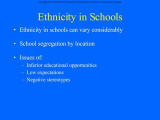 Ethnicity in Schools Ethnicity in schools can vary considerably School segregation by location  Issues of: Inferior educational opportunities Low expectations Negative stereotypes 