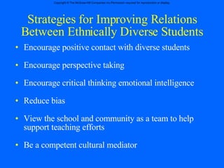 Strategies for Improving Relations Between Ethnically Diverse Students Encourage positive contact with diverse students Encourage perspective taking Encourage critical thinking emotional intelligence Reduce bias View the school and community as a team to help support teaching efforts Be a competent cultural mediator 
