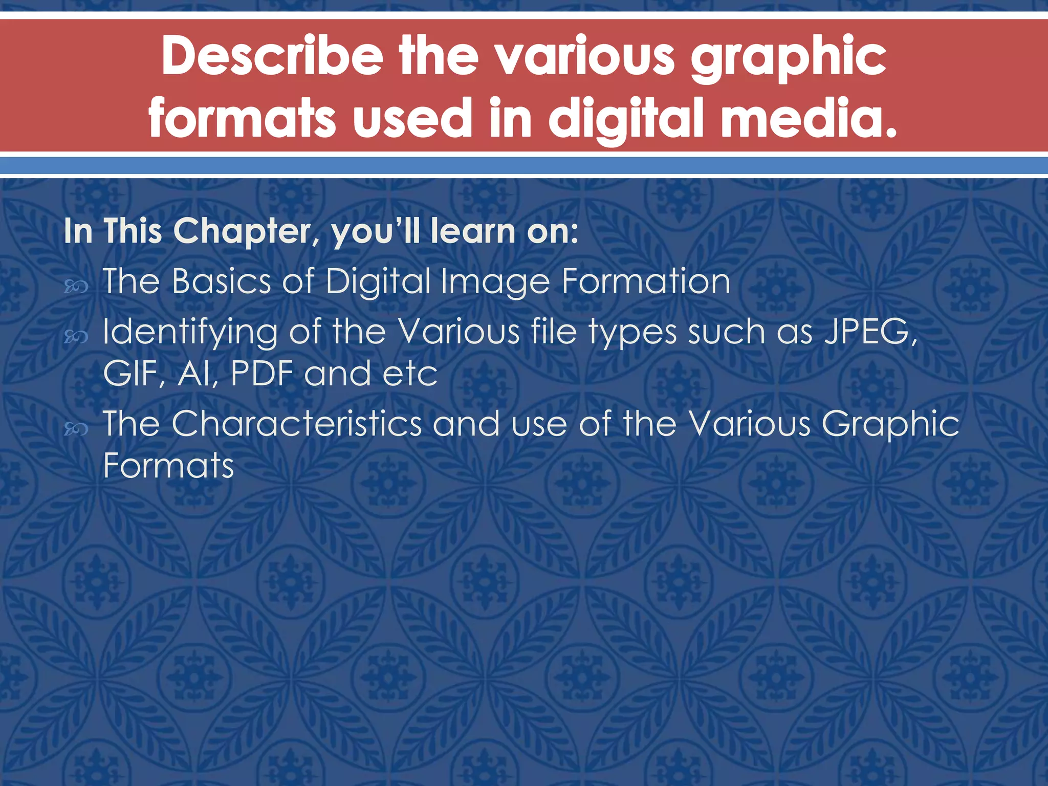 In This Chapter, you’ll learn on:
 The Basics of Digital Image Formation
 Identifying of the Various file types such as JPEG,
GIF, AI, PDF and etc
 The Characteristics and use of the Various Graphic
Formats
 