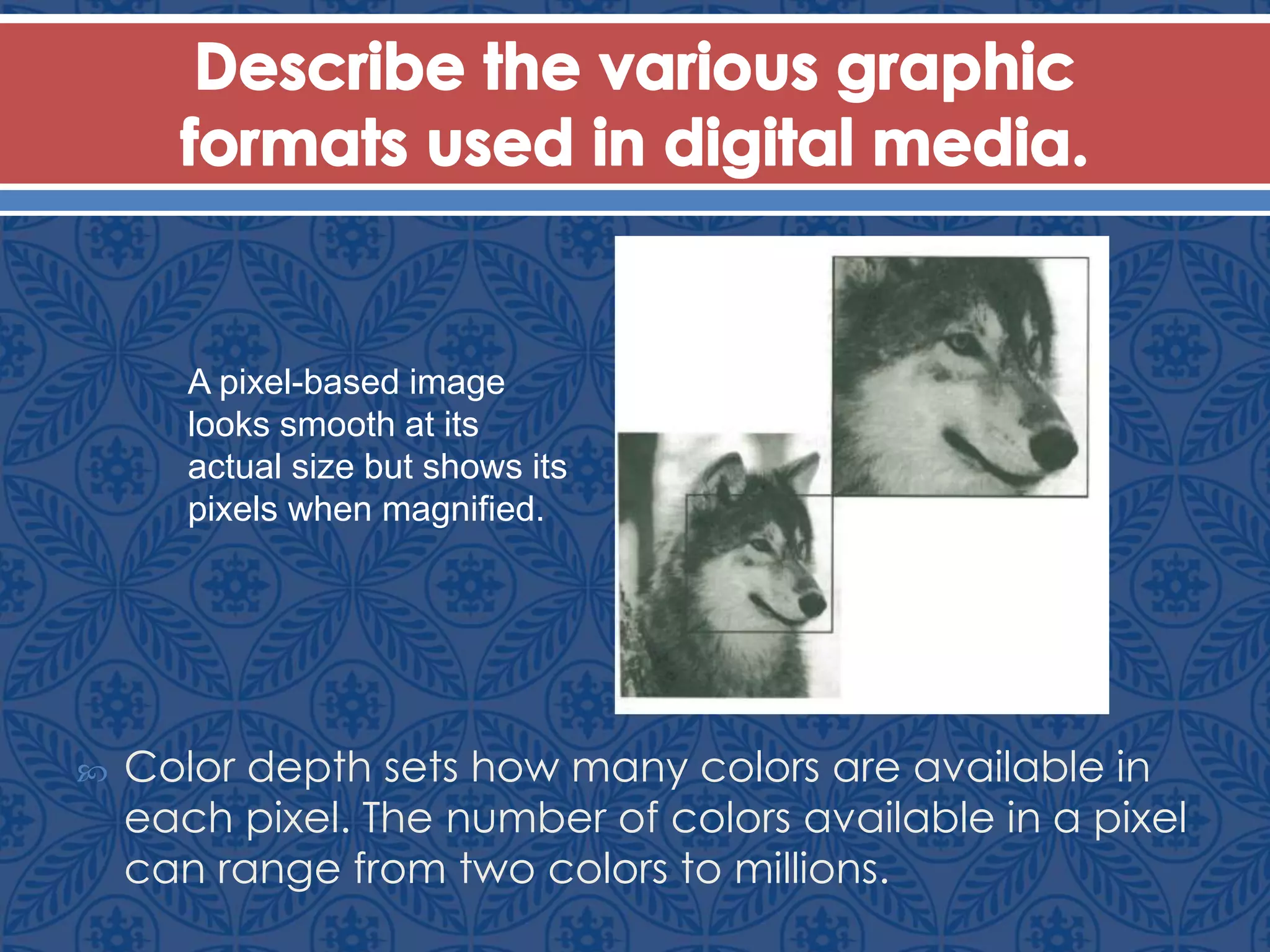  Color depth sets how many colors are available in
each pixel. The number of colors available in a pixel
can range from two colors to millions.
A pixel-based image
looks smooth at its
actual size but shows its
pixels when magnified.
 