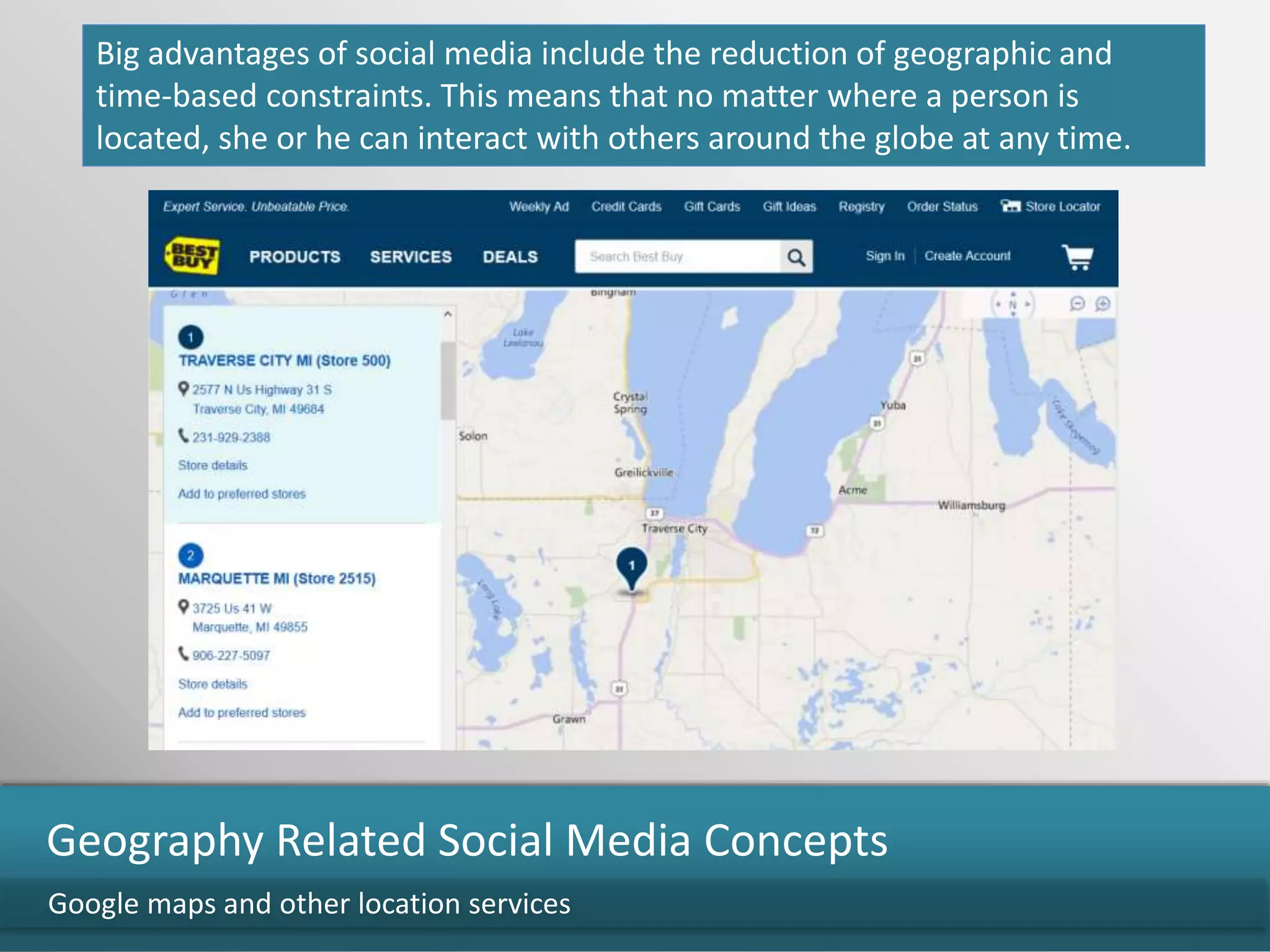 Google maps and other location services
Geography Related Social Media Concepts
Big advantages of social media include the reduction of geographic and
time-based constraints. This means that no matter where a person is
located, she or he can interact with others around the globe at any time.
 