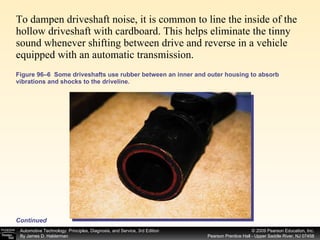 Figure 96–6  Some driveshafts use rubber between an inner and outer housing to absorb vibrations and shocks to the driveline. To dampen driveshaft noise, it is common to line the inside of the hollow driveshaft with cardboard. This helps eliminate the tinny sound whenever shifting between drive and reverse in a vehicle equipped with an automatic transmission.  Continued 