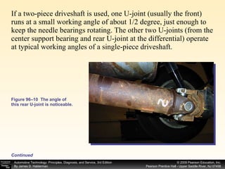 Figure 96–10  The angle of this rear U-joint is noticeable. If a two-piece driveshaft is used, one U-joint (usually the front) runs at a small working angle of about 1/2 degree, just enough to keep the needle bearings rotating. The other two U-joints (from the center support bearing and rear U-joint at the differential) operate at typical working angles of a single-piece driveshaft. Continued 