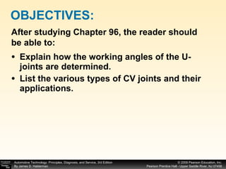 Explain how the working angles of the U-joints are determined. List the various types of CV joints and their applications. OBJECTIVES: After studying Chapter 96, the reader should be able to: 