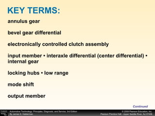 annulus gear bevel gear differential electronically controlled clutch assembly input member • interaxle differential (center differential) • internal gear locking hubs • low range mode shift output member KEY TERMS: Continued 