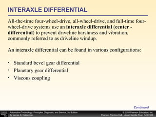 INTERAXLE DIFFERENTIAL All-the-time four-wheel-drive, all-wheel-drive, and full-time four-wheel-drive systems use an  interaxle differential  ( center  ­ differential ) to prevent driveline harshness and vibration, commonly referred to as driveline windup. An interaxle differential can be found in various configurations: Continued Standard bevel gear differential Planetary gear differential Viscous coupling 