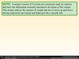NOTE:   Constant velocity (CV) joints are commonly used on vehicles that have the differential assembly attached to the frame of the vehicle. This design reduces the amount of weight that has to move up and down during suspension movement and helps provide a smooth ride. 
