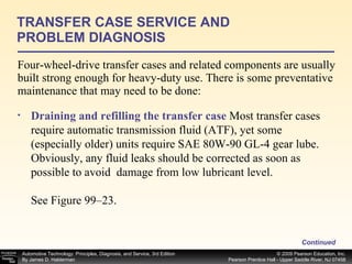 Four-wheel-drive transfer cases and related components are usually built strong enough for heavy-duty use. There is some preventative maintenance that may need to be done: TRANSFER CASE SERVICE AND PROBLEM DIAGNOSIS Continued Draining and refilling the transfer case   Most transfer cases require automatic transmission fluid (ATF), yet some (especially older) units require SAE 80W-90 GL-4 gear lube. Obviously, any fluid leaks should be corrected as soon as possible to avoid  damage from low lubricant level. See Figure 99–23. 