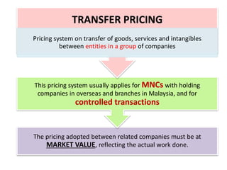 The pricing adopted between related companies must be at
MARKET VALUE, reflecting the actual work done.
This pricing system usually applies for MNCs with holding
companies in overseas and branches in Malaysia, and for
controlled transactions
TRANSFER PRICING
Pricing system on transfer of goods, services and intangibles
between entities in a group of companies
 