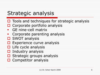 (c) Dr. Azhar Kazmi 2008 6
Strategic analysis
 Tools and techniques for strategic analysis
 Corporate portfolio analysis...