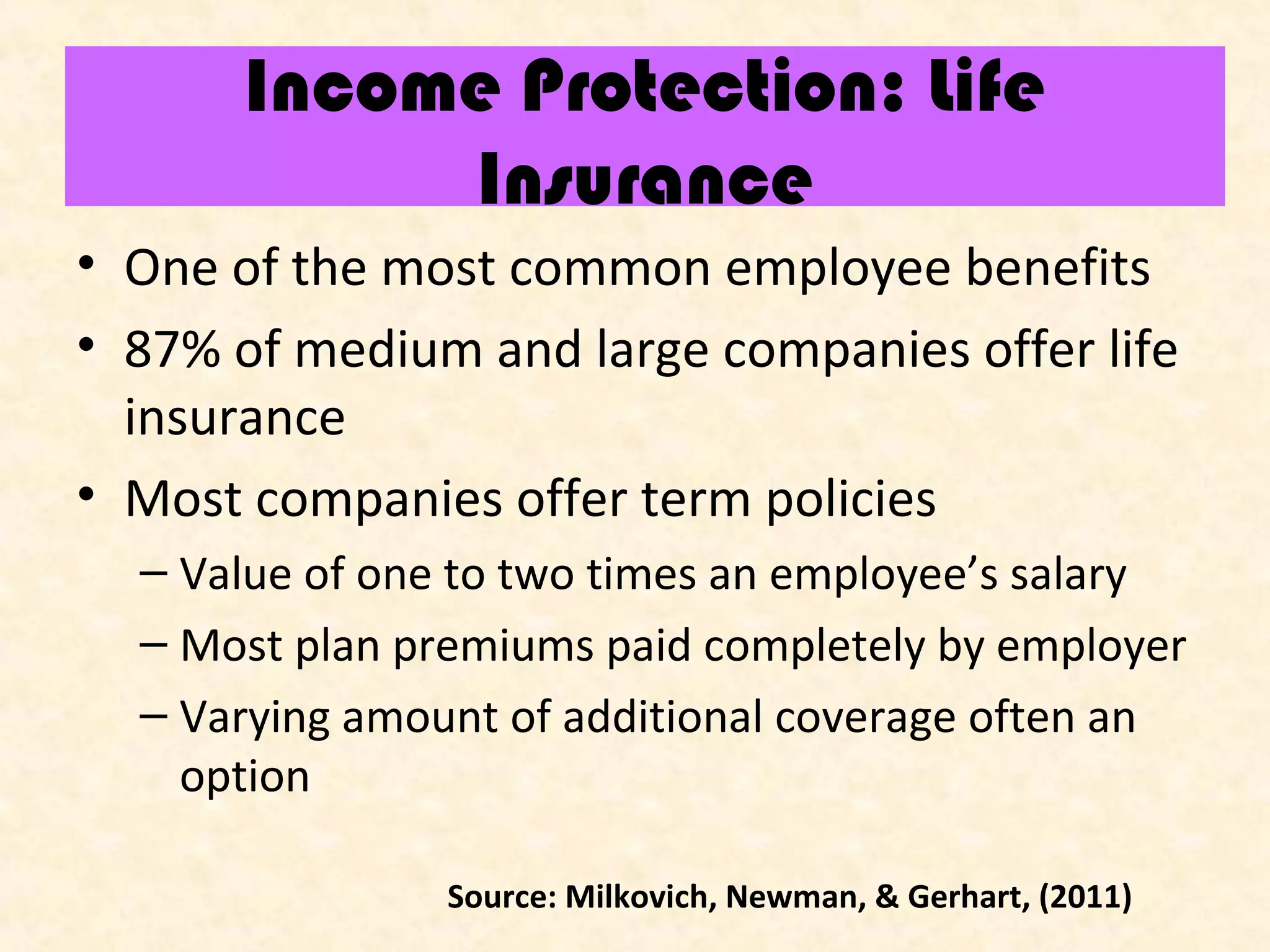 Income Protection: Life
Income Protection: Life Insurance
Insurance
• One of the most common employee benefits
• 87% of medium and large companies offer life
insurance
• Most companies offer term policies
– Value of one to two times an employee’s salary
– Most plan premiums paid completely by employer
– Varying amount of additional coverage often an
option
Source: Milkovich, Newman, & Gerhart, (2011)

 