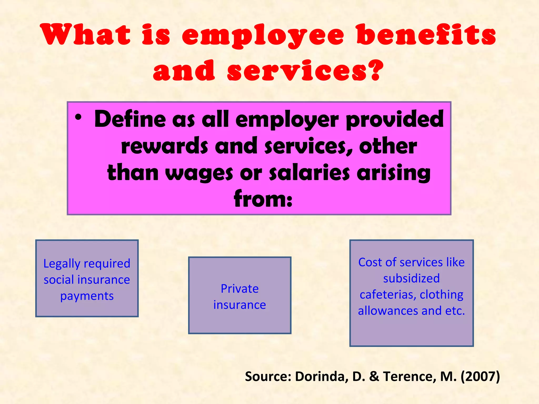 What is employee benefits
and services?
• Define as all employer provided
rewards and services, other
than wages or salaries arising
from:
Legally required
social insurance
payments

Private
insurance

Cost of services like
subsidized
cafeterias, clothing
allowances and etc.

Source: Dorinda, D. & Terence, M. (2007)

 
