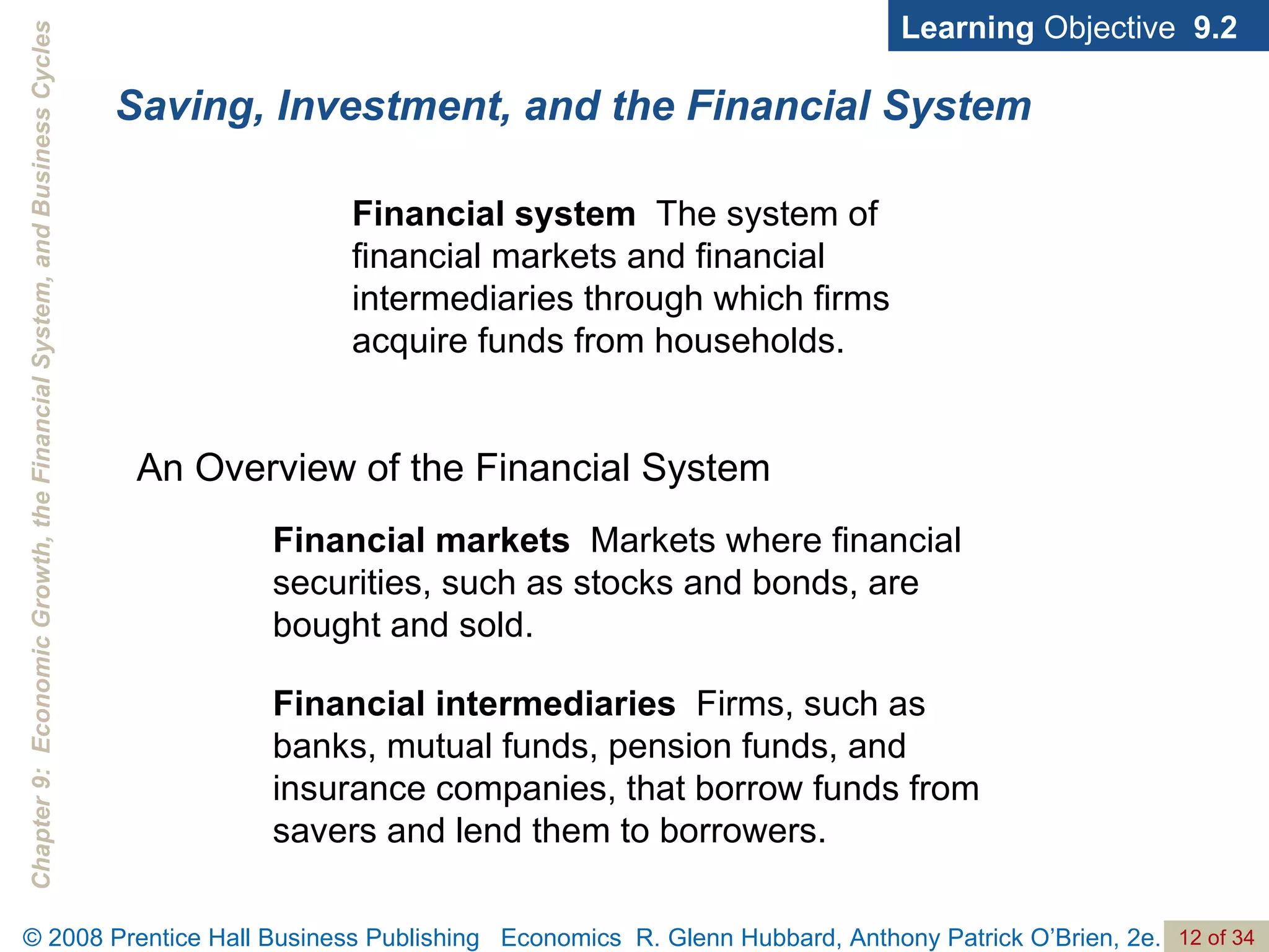 Saving, Investment, and the Financial System Learning  Objective  9.2 An Overview of the Financial System Financial markets  Markets where financial securities, such as stocks and bonds, are bought and sold. Financial intermediaries  Firms, such as banks, mutual funds, pension funds, and insurance companies, that borrow funds from savers and lend them to borrowers. Financial system  The system of financial markets and financial intermediaries through which firms acquire funds from households. 