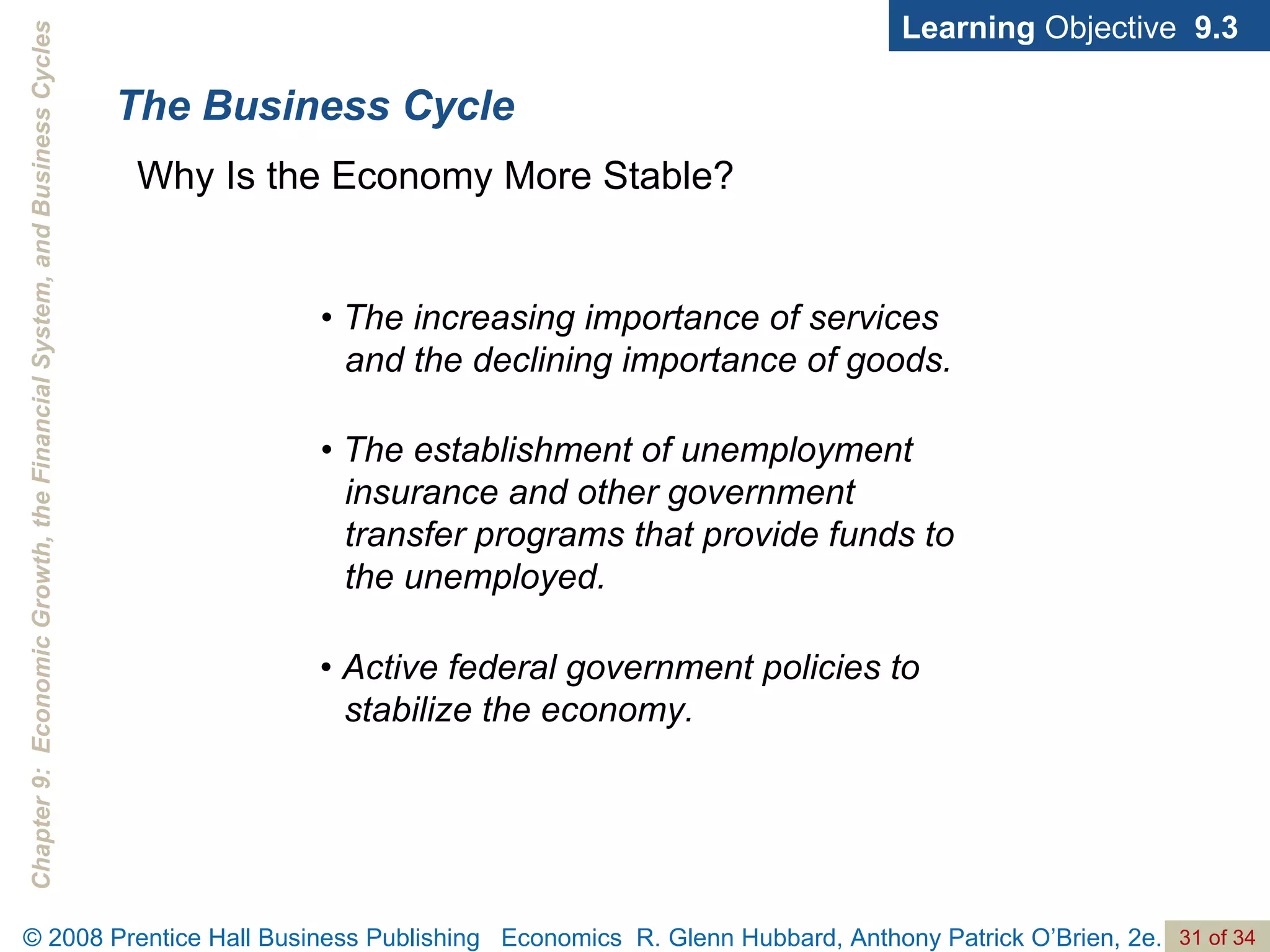 The Business Cycle Learning  Objective  9.3 •  The increasing importance of services  and the declining importance of goods. •  The establishment of unemployment insurance and other government transfer programs that provide funds to the unemployed. •  Active federal government policies to stabilize the economy. Why Is the Economy More Stable? 