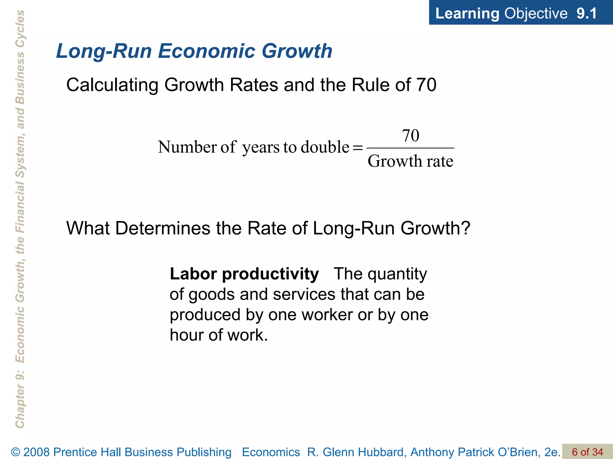 Long-Run Economic Growth Learning  Objective  9.1 Calculating Growth Rates and the Rule of 70 What Determines the Rate of Long-Run Growth? Labor productivity   The quantity of goods and services that can be produced by one worker or by one hour of work. 
