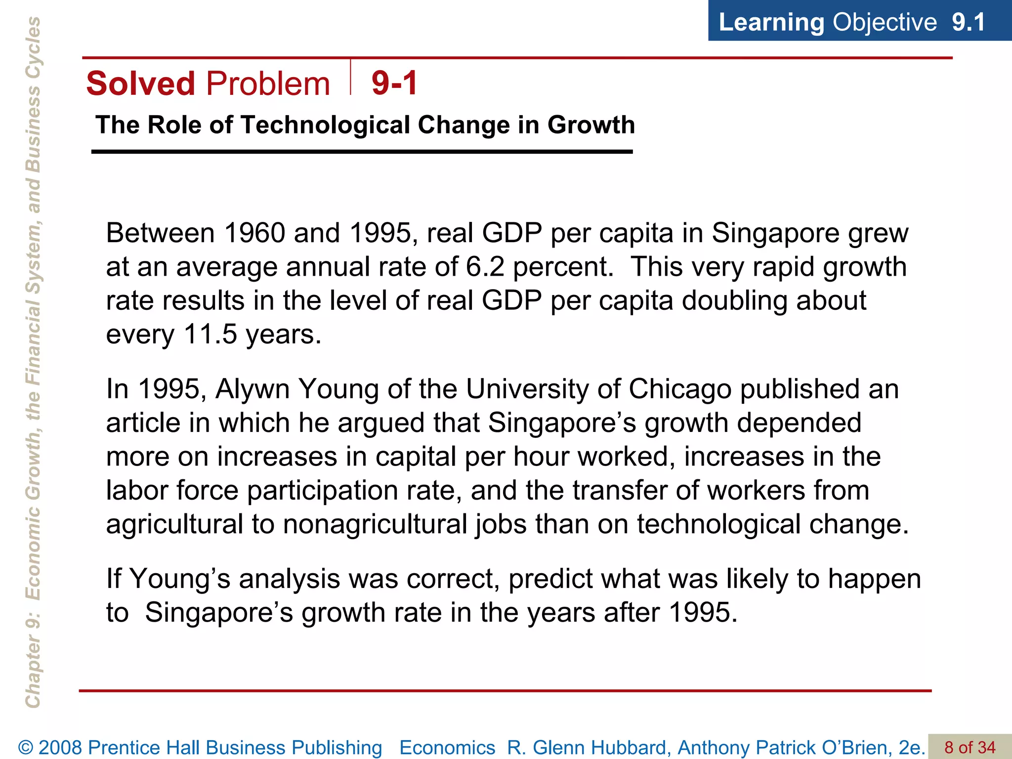 The Role of Technological Change in Growth Learning  Objective  9.1 Between 1960 and 1995, real GDP per capita in Singapore grew at an average annual rate of 6.2 percent.  This very rapid growth rate results in the level of real GDP per capita doubling about every 11.5 years. In 1995, Alywn Young of the University of Chicago published an article in which he argued that Singapore’s growth depended more on increases in capital per hour worked, increases in the labor force participation rate, and the transfer of workers from agricultural to nonagricultural jobs than on technological change. If Young’s analysis was correct, predict what was likely to happen to  Singapore’s growth rate in the years after 1995. Solved  Problem 9-1 