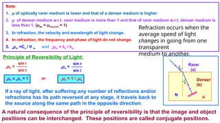 Note:
1. μ of optically rarer medium is lower and that of a denser medium is higher.
2. μ of denser medium w.r.t. rarer medium is more than 1 and that of rarer medium w.r.t. denser medium is
less than 1. (μair = μvacuum = 1)
3. In refraction, the velocity and wavelength of light change.
4. In refraction, the frequency and phase of light do not change.
5. aμm =Ca / V m and aμm = λa / λm
Principle of Reversibility of Light:
Rarer
(a)
N
r
i
Denser
(b)
sin i
aμb =
sin r
sin r
bμa =
sin i
aμb x bμa = 1 or aμb = 1 / bμa
If a ray of light, after suffering any number of reflections and/or
refractions has its path reversed at any stage, it travels back to
the source along the same path in the opposite direction.
A natural consequence of the principle of reversibility is that the image and object
positions can be interchanged. These positions are called conjugate positions.
μ
Refraction occurs when the
average speed of light
changes in going from one
transparent
medium to another.
 