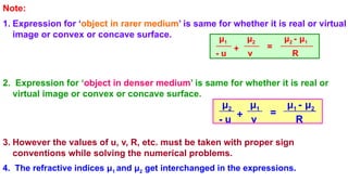 Note:
1. Expression for ‘object in rarer medium’ is same for whether it is real or virtual
image or convex or concave surface.
2. Expression for ‘object in denser medium’ is same for whether it is real or
virtual image or convex or concave surface.
3. However the values of u, v, R, etc. must be taken with proper sign
conventions while solving the numerical problems.
4. The refractive indices μ1 and μ2 get interchanged in the expressions.
μ1
- u
μ2
v
μ2 - μ1
R
+ =
μ2
- u
μ1
v
μ1 - μ2
R
+ =
 