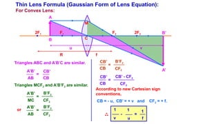 Thin Lens Formula (Gaussian Form of Lens Equation):
For Convex Lens:
f
•
R
u
C
A
B
A’
B’
M
Triangles ABC and A’B’C are similar.
A’B’
AB
=
CB’
CB
Triangles MCF2 and A’B’F2 are similar.
A’B’
MC
=
B’F2
CF2
v
A’B’
AB
=
B’F2
CF2
or
•
2F2
•
F2
•
F1
•
2F1
CB’
CB
=
B’F2
CF2
CB’
CB
=
CB’ - CF2
CF2
According to new Cartesian sign
conventions,
CB = - u, CB’ = + v and CF2 = + f.
1
v f
- =
1
1
u
 