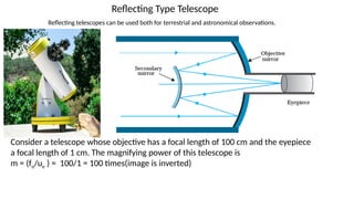 Reflecting Type Telescope
Reflecting telescopes can be used both for terrestrial and astronomical observations.
Consider a telescope whose objective has a focal length of 100 cm and the eyepiece
a focal length of 1 cm. The magnifying power of this telescope is
m = (fo/ue ) = 100/1 = 100 times(image is inverted)
 