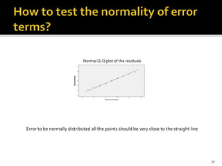 Normal Q-Q plot of the residuals
Error to be normally distributed all the points should be very close to the straight line
30
 
