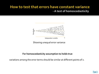 Independent variable
o
o
o
o
o
oo
o
o
o
o
o
oo
o
o
o
o
o
o
o
o
o
o
o o
o
o
oo
o
o
o
o o
o
o
o
o
o
o
oo
o
o
o
o
o
o
oo
o
o
o
o
o
oo
o o
oo oo
o
o
o o
o
o o
o
oo o o
o
ooo
ooo
o
o
o
o
o o
o
o
oo
oo
o
o o
o
o o
oo o
o
o
oo oo
o o
o
o o o o
o o
o
o
o
o
o
o
o
o
o
o
o
o
oo
oo
o
o
o
x
0
Residuals
o oo o
o o
oo o
o o o
o o
o o o o o o o o
o
Showing unequal error variance
For homoscedasticity assumption to holds true
variations among the error terms should be similar at different points of x.
Back31
 