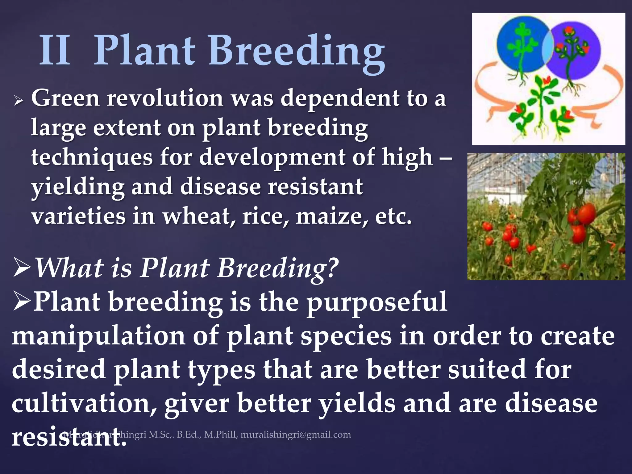  Green revolution was dependent to a
large extent on plant breeding
techniques for development of high –
yielding and disease resistant
varieties in wheat, rice, maize, etc.
II Plant Breeding
What is Plant Breeding?
Plant breeding is the purposeful
manipulation of plant species in order to create
desired plant types that are better suited for
cultivation, giver better yields and are disease
resistant.
 