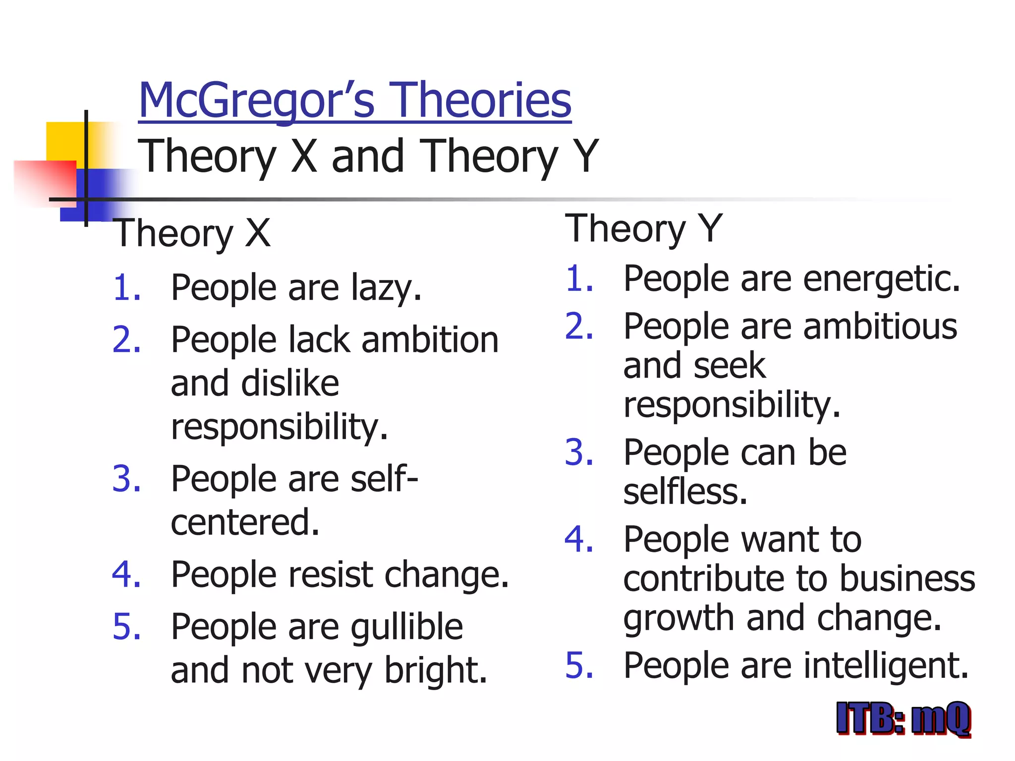 McGregor’s Theories
 Theory X and Theory Y
Theory X                   Theory Y
1. People are lazy.        1. People are energetic.
2. People lack ambition    2. People are ambitious
   and dislike                and seek
                              responsibility.
   responsibility.
                           3. People can be
3. People are self-           selfless.
   centered.               4. People want to
4. People resist change.      contribute to business
5. People are gullible        growth and change.
   and not very bright.    5. People are intelligent.
 