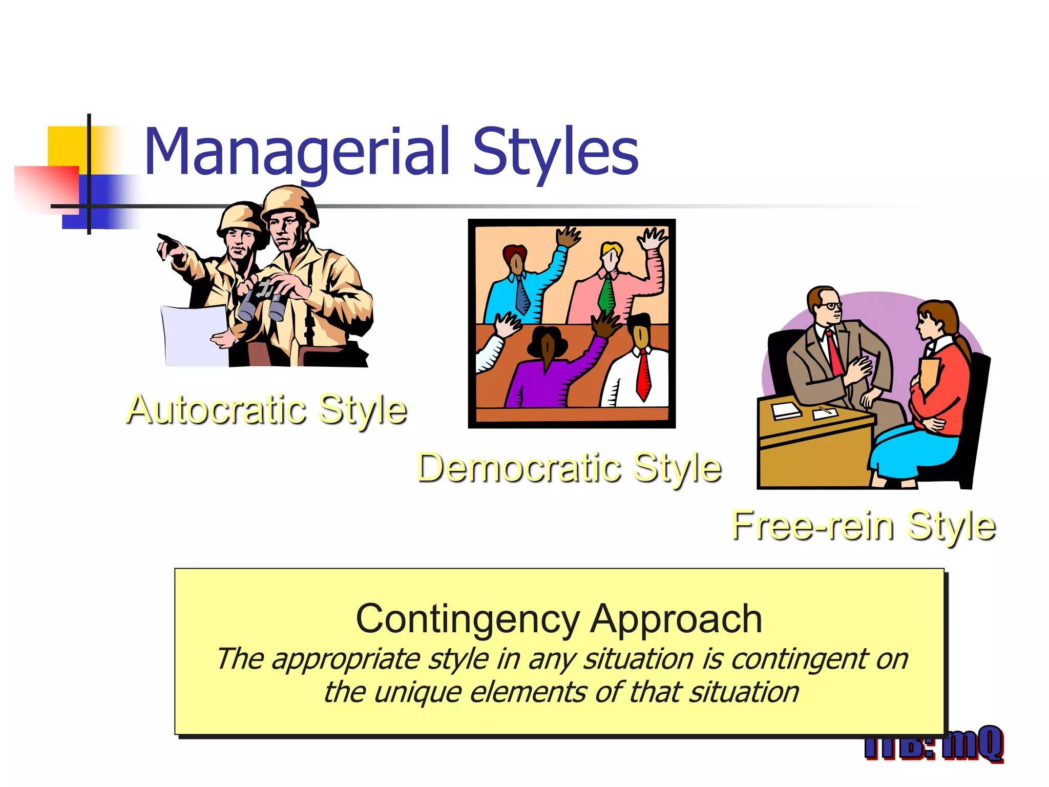 Managerial Styles


Autocratic Style
                    Democratic Style
                                            Free-rein Style

               Contingency Approach
    The appropriate style in any situation is contingent on
           the unique elements of that situation
 