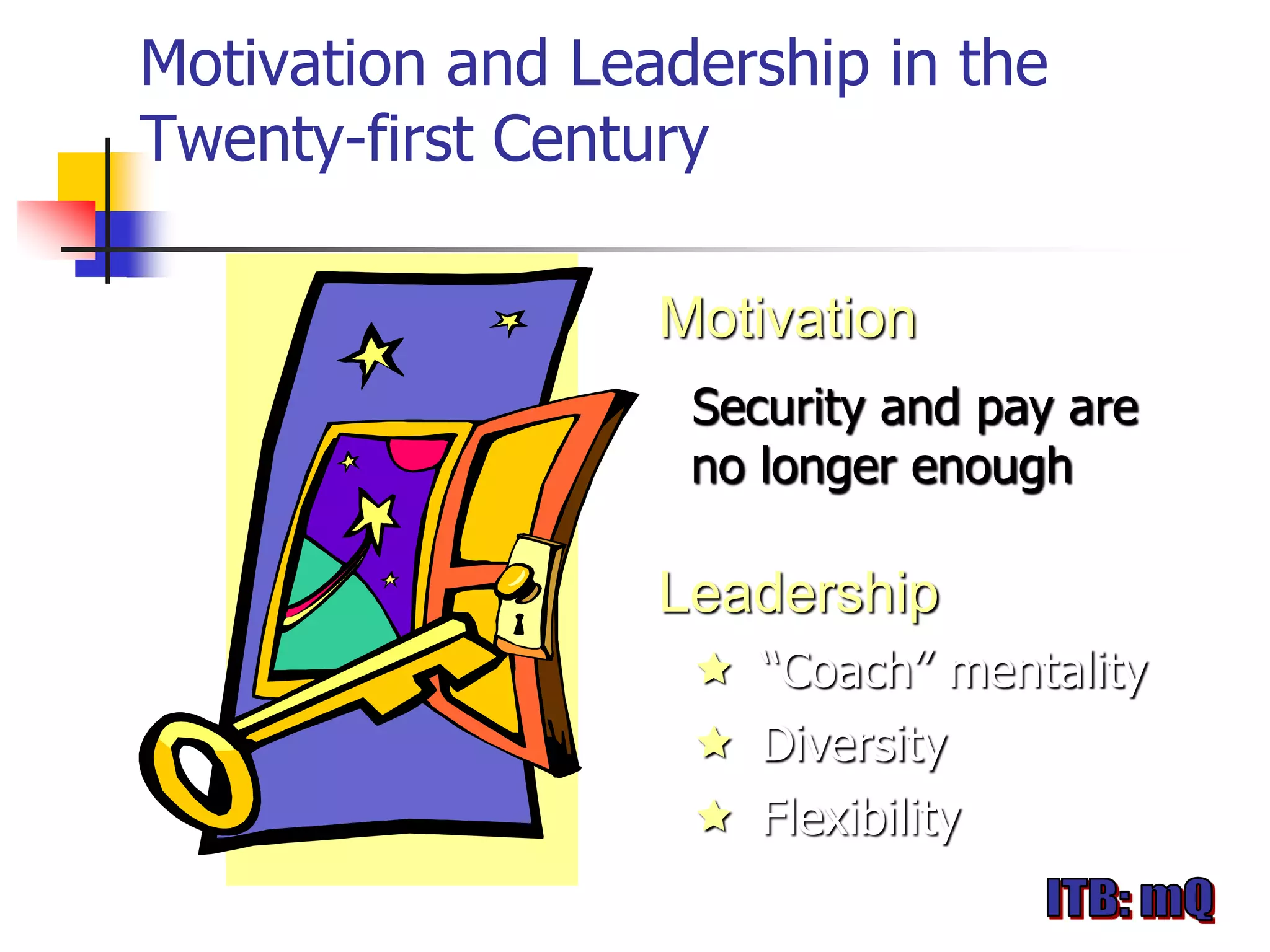 Motivation and Leadership in the
Twenty-first Century

                  Motivation
                   Security and pay are
                   no longer enough

                  Leadership
                    “Coach” mentality
                    Diversity
                    Flexibility
 