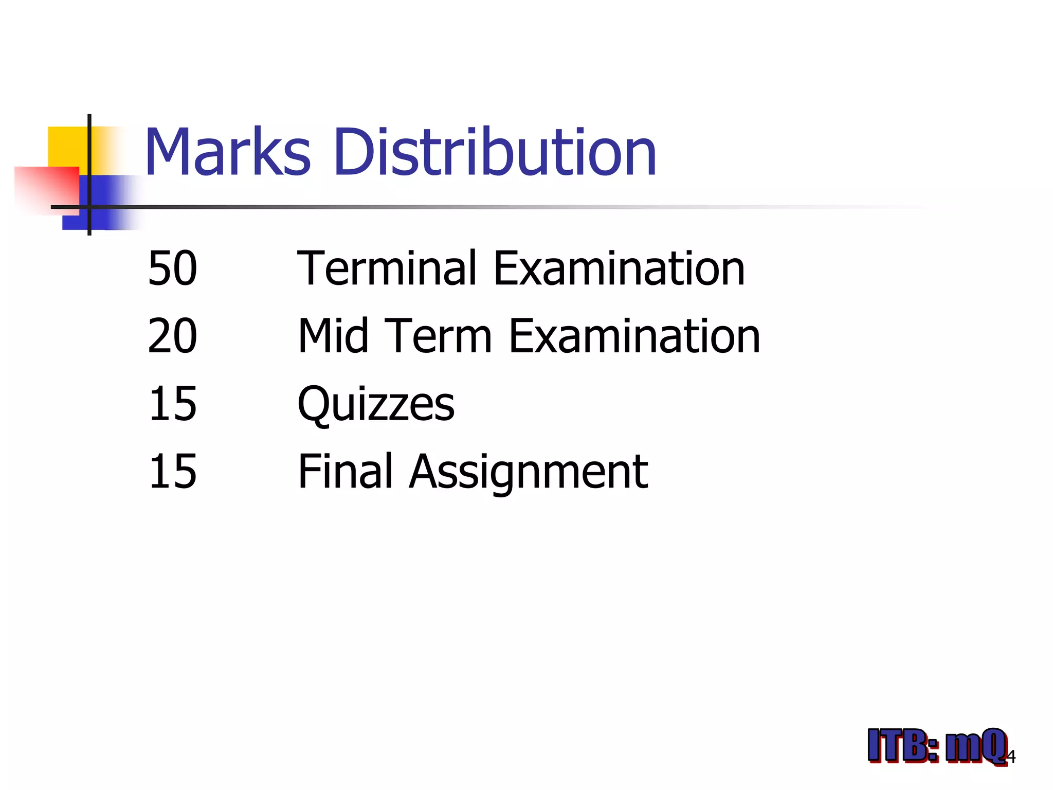 Marks Distribution
50   Terminal Examination
20   Mid Term Examination
15   Quizzes
15   Final Assignment




                            4
 