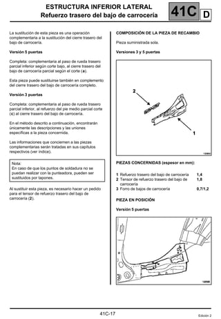 41C
ESTRUCTURA INFERIOR LATERAL
Refuerzo trasero del bajo de carrocería
41C-17
Refuerzo trasero del bajo de carrocería
La sustitución de esta pieza es una operación
complementaria a la sustitución del cierre trasero del
bajo de carrocería.
Versión 5 puertas
Completa: complementaria al paso de rueda trasero
parcial inferior según corte bajo, al cierre trasero del
bajo de carrocería parcial según el corte (a).
Esta pieza puede sustituirse también en complemento
del cierre trasero del bajo de carrocería completo.
Versión 3 puertas
Completa: complementaria al paso de rueda trasero
parcial inferior, al refuerzo del pie medio parcial corte
(c) al cierre trasero del bajo de carrocería.
En el método descrito a continuación, encontrarán
únicamente las descripciones y las uniones
específicas a la pieza concernida.
Las informaciones que conciernen a las piezas
complementarias serán tratadas en sus capítulos
respectivos (ver índice).
Al sustituir esta pieza, es necesario hacer un pedido
para el tensor de refuerzo trasero del bajo de
carrocería (2).
COMPOSICIÓN DE LA PIEZA DE RECAMBIO
Pieza suministrada sola.
Versiones 3 y 5 puertas
PIEZAS CONCERNIDAS (espesor en mm):
PIEZA EN POSICIÓN
Versión 5 puertas
Nota:
En caso de que los puntos de soldadura no se
puedan realizar con la punteadora, pueden ser
sustituidos por tapones.
1 Refuerzo trasero del bajo de carrocería
2 Tensor de refuerzo trasero del bajo de
carrocería
3 Forro de bajos de carrocería
1,4
1,8
0,7/1,2
Edición 2
D
 