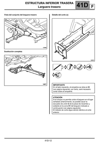 ESTRUCTURA INFERIOR TRASERA
Larguero trasero 41D
41D-12
ESTRUCTURA INFERIOR TRASERA
Vista del conjunto del larguero trasero
Sustitución completa
Detalle del corte (a)
IMPORTANTE
En el lado izquierdo, el empalme se sitúa en B
(ver página siguiente), por tanto, será necesario
cortar sobre el empalme.
ATENCIÓN
Si el choque no permite cortar el larguero en el lugar
señalado anteriormente, es posible sacar la
escuadra de unión b de la pieza de recambio y
soldarla en la zona X1 del larguero indicado a
continuación (ver página siguiente).
El método de corte sigue siendo idéntico al corte
anterior.
F
 