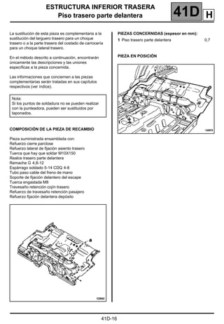 ESTRUCTURA INFERIOR TRASERA
Piso trasero parte delantera 41D
41D-16
ESTRUCTURA INFERIOR TRASERA
Piso trasero parte delantera
La sustitución de esta pieza es complementaria a la
sustitución del larguero trasero para un choque
trasero o a la parte trasera del costado de carrocería
para un choque lateral trasero.
En el método descrito a continuación, encontrarán
únicamente las descripciones y las uniones
específicas a la pieza concernida.
Las informaciones que conciernen a las piezas
complementarias serán tratadas en sus capítulos
respectivos (ver índice).
COMPOSICIÓN DE LA PIEZA DE RECAMBIO
Pieza suministrada ensamblada con:
Refuerzo cierre parclose
Refuerzo lateral de fijación asiento trasero
Tuerca que hay que soldar M10X150
Realce trasero parte delantera
Remache G 4,8-12
Espárrago soldado 5-14 CDQ 4-8
Tubo paso cable del freno de mano
Soporte de fijación delantero del escape
Tuerca engastada M8
Travesaño retención cojín trasero
Refuerzo de travesaño retención pasajero
Refuerzo fijación delantera depósito
PIEZAS CONCERNIDAS (espesor en mm):
PIEZA EN POSICIÓN
Nota:
Si los puntos de soldadura no se pueden realizar
con la punteadora, pueden ser sustituidos por
taponados.
1 Piso trasero parte delantera 0,7
H
 