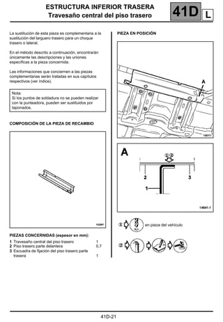 ESTRUCTURA INFERIOR TRASERA
Travesaño central del piso trasero 41D
Travesaño central del piso trasero
La sustitución de esta pieza es complementaria a la
sustitución del larguero trasero para un choque
trasero o lateral.
En el método descrito a continuación, encontrarán
únicamente las descripciones y las uniones
específicas a la pieza concernida.
Las informaciones que conciernen a las piezas
complementarias serán tratadas en sus capítulos
respectivos (ver índice).
COMPOSICIÓN DE LA PIEZA DE RECAMBIO
PIEZAS CONCERNIDAS (espesor en mm):
PIEZA EN POSICIÓN
en pieza del vehículo
Nota:
Si los puntos de soldadura no se pueden realizar
con la punteadora, pueden ser sustituidos por
taponados.
1 Travesaño central del piso trasero
2 Piso trasero parte delantera
3 Escuadra de fijación del piso trasero parte
trasera
1
0,7
1
L
41D-21
 