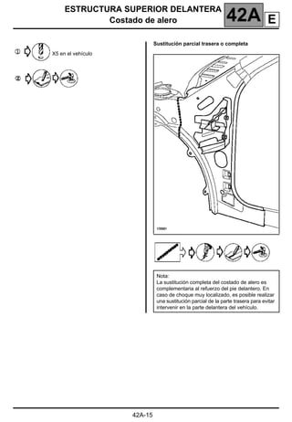 ESTRUCTURA SUPERIOR DELANTERA
Costado de alero 42A
42A-15
X5 en el vehículo
Sustitución parcial trasera o completa
Nota:
La sustitución completa del costado de alero es
complementaria al refuerzo del pie delantero. En
caso de choque muy localizado, es posible realizar
una sustitución parcial de la parte trasera para evitar
intervenir en la parte delantera del vehículo.
E
 