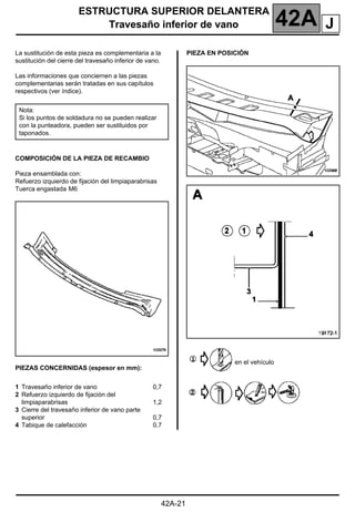 ESTRUCTURA SUPERIOR DELANTERA
Travesaño inferior de vano 42A
42A-21
Travesaño inferior de vano
La sustitución de esta pieza es complementaria a la
sustitución del cierre del travesaño inferior de vano.
Las informaciones que conciernen a las piezas
complementarias serán tratadas en sus capítulos
respectivos (ver índice).
COMPOSICIÓN DE LA PIEZA DE RECAMBIO
Pieza ensamblada con:
Refuerzo izquierdo de fijación del limpiaparabrisas
Tuerca engastada M6
PIEZAS CONCERNIDAS (espesor en mm):
PIEZA EN POSICIÓN
en el vehículo
Nota:
Si los puntos de soldadura no se pueden realizar
con la punteadora, pueden ser sustituidos por
taponados.
1 Travesaño inferior de vano
2 Refuerzo izquierdo de fijación del
limpiaparabrisas
3 Cierre del travesaño inferior de vano parte
superior
4 Tabique de calefacción
0,7
1,2
0,7
0,7
J
 