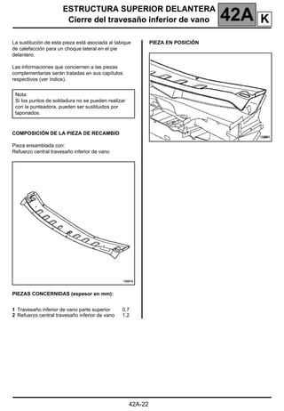 ESTRUCTURA SUPERIOR DELANTERA
Cierre del travesaño inferior de vano 42A
142A
ESTRUCTURA SUPERIOR DELANTERA
Cierre del travesaño inferior de vano
La sustitución de esta pieza está asociada al tabique
de calefacción para un choque lateral en el pie
delantero.
Las informaciones que conciernen a las piezas
complementarias serán tratadas en sus capítulos
respectivos (ver índice).
COMPOSICIÓN DE LA PIEZA DE RECAMBIO
Pieza ensamblada con:
Refuerzo central travesaño inferior de vano
PIEZAS CONCERNIDAS (espesor en mm):
PIEZA EN POSICIÓN
Nota:
Si los puntos de soldadura no se pueden realizar
con la punteadora, pueden ser sustituidos por
taponados.
1 Travesaño inferior de vano parte superior
2 Refuerzo central travesaño inferior de vano
0,7
1,2
42A-22
K
 