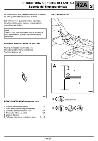 ESTRUCTURA SUPERIOR DELANTERA
Soporte del limpiaparabrisas 42A
42A-34
Soporte del limpiaparabrisas
La sustitución de esta pieza está asociada al costado
de alero y al refuerzo del costado de alero.
Las informaciones que conciernen a las piezas
complementarias serán tratadas en sus capítulos
respectivos (ver índice).
COMPOSICIÓN DE LA PIEZA DE RECAMBIO
Pieza suministrada ensamblada con:
Placa de fijación del limpiaparabrisas
Tuerca engastada M6
PIEZAS CONCERNIDAS (espesor en mm):
PIEZA EN POSICIÓN
en el vehículo
Nota:
Si los puntos de soldadura no se pueden realizar
con la punteadora, pueden ser sustituidos por
taponados.
1 Soporte del limpiaparabrisas
2 Placa de fijación del limpiaparabrisas
3 Cierre travesaño inferior de vano
4 Travesaño inferior de vano
5 Costado de alero
6 Refuerzo superior de costado de alero
1,2
1
0,7
0,7
1
1 / 1,5
S
 