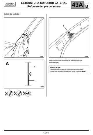 ESTRUCTURA SUPERIOR LATERAL
Refuerzo del pie delantero 43A
43A-6
VERSIONES
3 y 5 PUERTAS
Detalle del corte (a)
Inserto hinchable superior de refuerzo del pie
delantero (B).
RECUERDEN
Es imperativo sustituir los insertos hinchables
(consultar el método descrito en el capítulo 40A-L).
B
 
